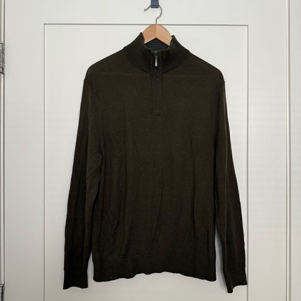 Club Room Sweater Mens Medium Olive Green Pullover 1/4 Zip Merino Wool Blend